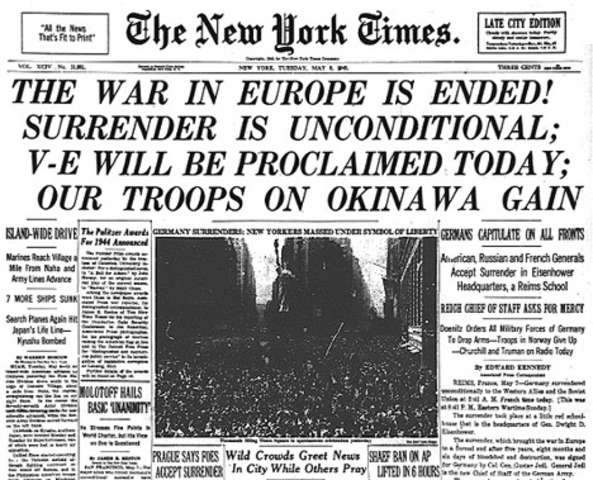 Germany surrenders. It's the end of the war in Europe