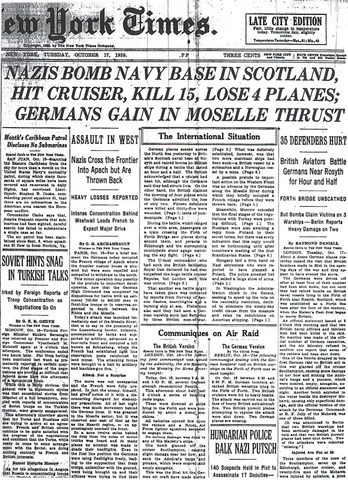 Germans bomb Naval Base near Scotland