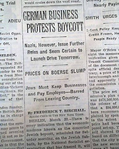 A nationwide boycott of Jewish-owned businesses in Germany is carried out under Nazi leadership.