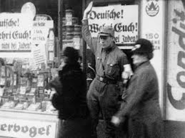 A nationwide boycott of Jewish-owned businesses in Germany is carried out under Nazi leadership.