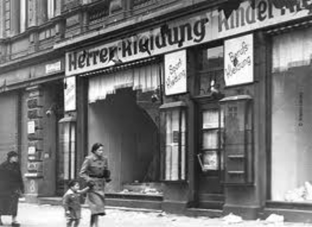Kristallnacht ("Night of Broken Glass"): Nazi organized nation-wide pogroms result in the burning of hundreds of synagogues; the looting and destruction of many Jewish homes, schools, and community offices; vandalism; and the looting of 7,500 Jewish store
