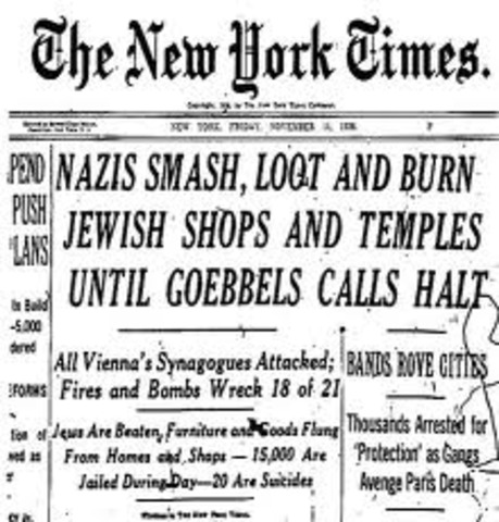 Kristallnacht ("Night of Broken Glass"): Nazi organized nation-wide pogroms result in the burning of hundreds of synagogues; the looting and destruction of many Jewish homes, schools, and community offices; vandalism; and the looting of 7,500 Jewish store