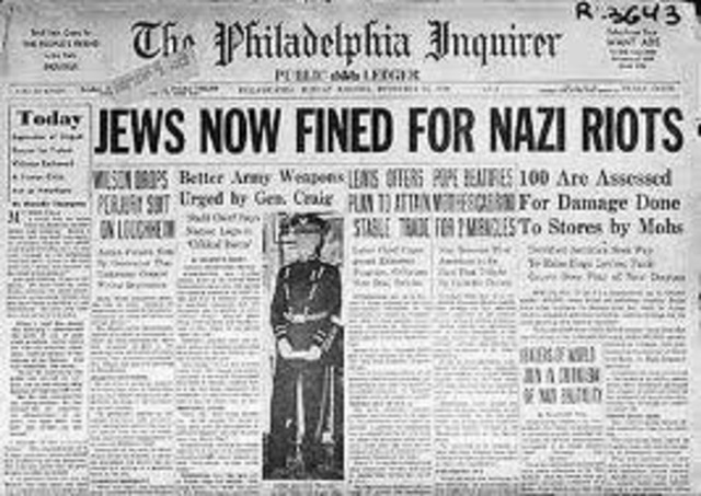 German Jews are ordered to pay one billion Reichsmarks in reparations for damages of Kristallinacht.