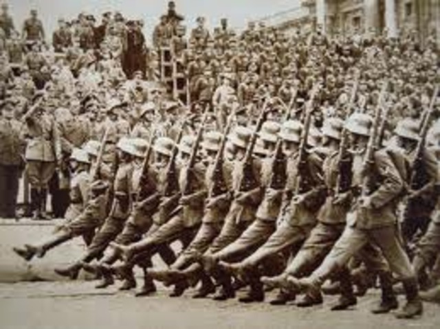 Hitler violates the Versailles Treaty by renewing the compulsory military draft.