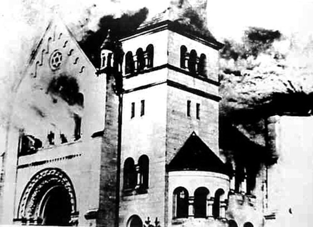 Kristallnacht ("Night of Broken Glass"): Nazi organized nation-wide pogroms result in the burning of hundreds of synagogues; the looting and destruction of many Jewish homes, schools, and community offices; vandalism; and the looting of 7,500 Jewish store