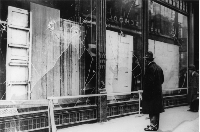 Kristallnacht ("Night of Broken Glass"): Nazi organized nation-wide pogroms result in the burning of hundreds of synagogues; the looting and destruction of many Jewish homes, schools, and community offices; vandalism; and the looting of 7,500 Jewish store