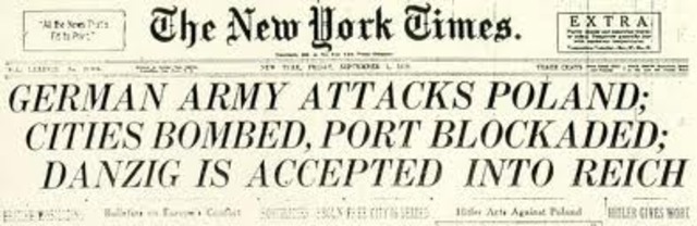 The German army invades Poland and World War II begins.