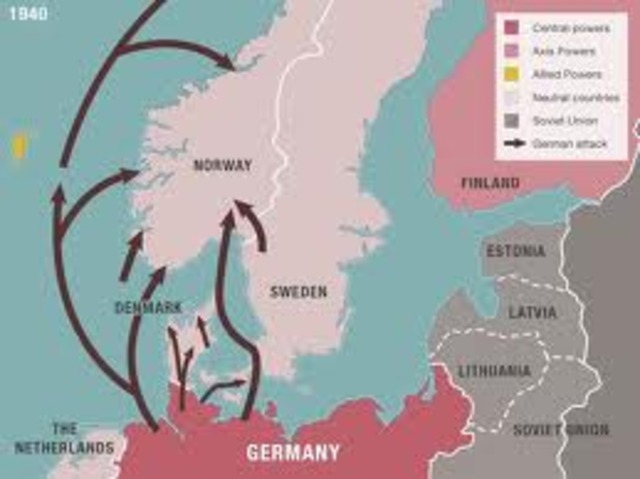 The German army invades and defeats Denmark, Norway, Belgium, Luxembourg, the Netherlands, and France.