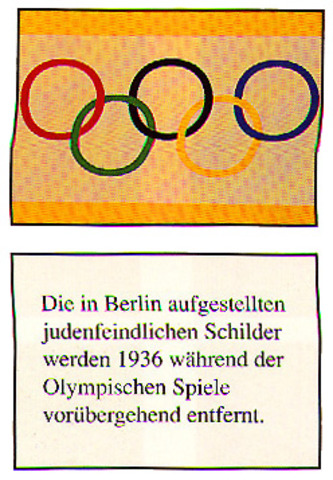 The Olympic Games take place in Berlin. Anti-Jewish signs (i.e., "Jews Not Welcome") are removed until the Games are completed.