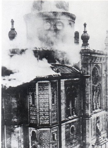 Kristallnacht ("Night of Broken Glass"): Nazi organized nation-wide pogroms result in the burning of hundreds of synagogues; the looting and destruction of many Jewish homes, schools, and community offices; vandalism; and the looting of 7,500 Jewish store