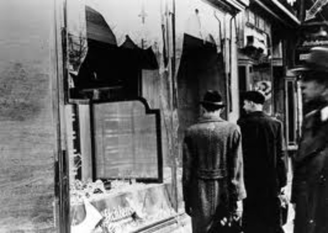 Kristallnacht ("Night of Broken Glass"): Nazi organized nation-wide pogroms result in the burning of hundreds of synagogues; the looting and destruction of many Jewish homes, schools, and community offices; vandalism; and the looting of 7,500 Jewish store