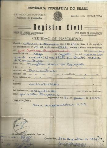Registro de nascimento de meu pai