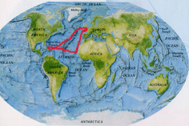 columbus left spain with 3 ships trying to head east