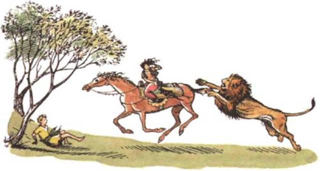 The four are chased by a Lion