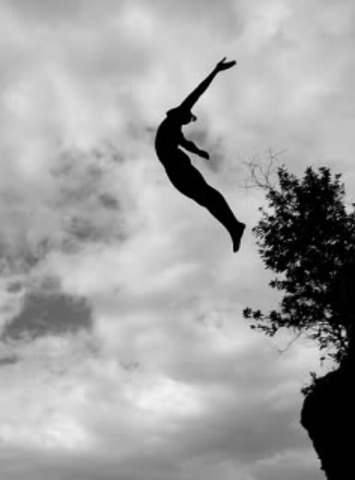 Bella jumping off a cliff.