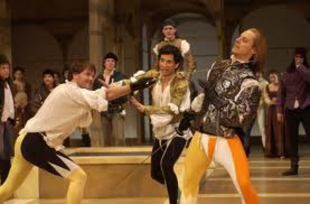 Benvolio and Mercutio encounter Tybalt. Romeo arrives and Tybalt challenges him but Romeo refuses, so Mercutio fights him. Tybalt kills Mercutio so Romeo kills Tybalt.