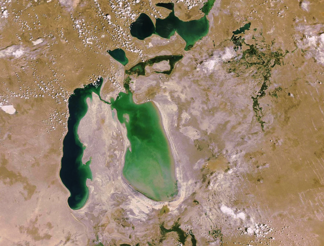 Water level decreased so the Aral Sea has now split into two bodies of water