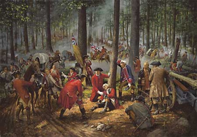 Braddock gets shot and loses the battle of Monongahela