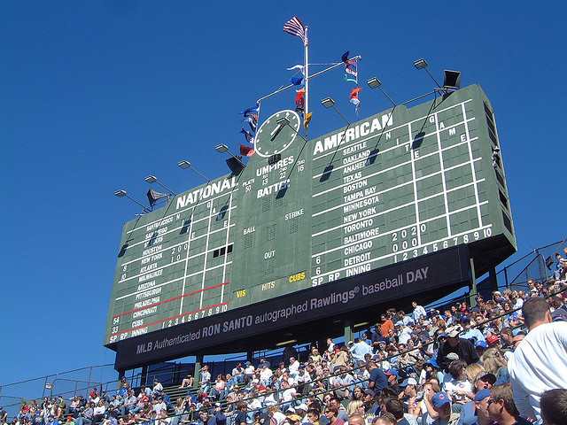 Scoreboard, ivy, bleachers added
