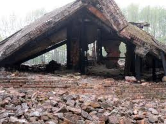 The prisoners at Auschwitz-Birkenau rebel and blow up one crematorium.