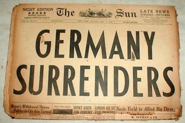 Germany surrenders and war in Europe is ended.