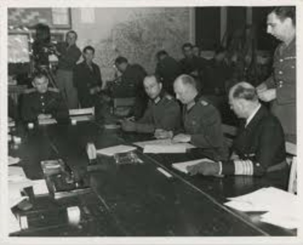 Germany surrenders and war in Europe is ended.