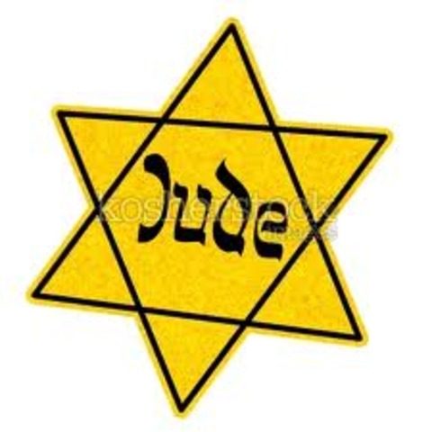 German Jews above the age of six are forced to wear a yellow Star of David sewed on the left side of their clothes with the word "Jude" printed in black.