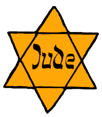 German Jews above teh age of six are forced to wear a yellow Star of David sewed on teh left side of their colthes with teh word "Jude" prnted in black.