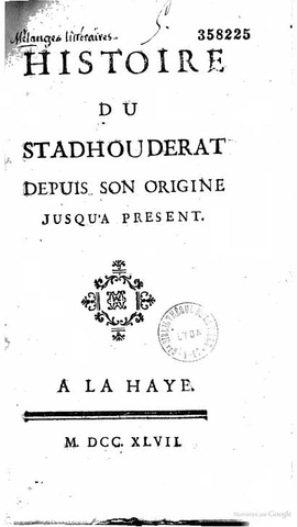 Publication de l'Histoire du Stathoudérat