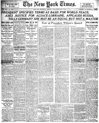 U.S.A - President Woodrow issues his 14 point peace.