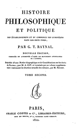 Parution de l'édition posthume de l'Histoire des deux Indes