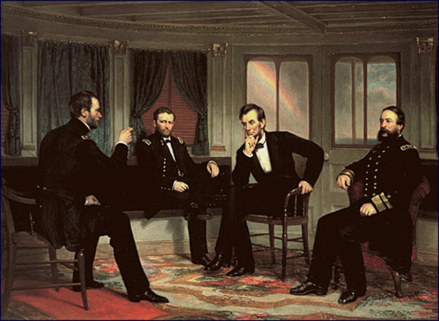 Lincoln confers with Rebel leaders on the River Queen