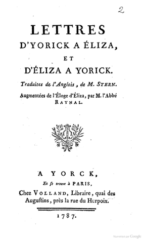 Parution des Lettres d'Yorick à Eliza