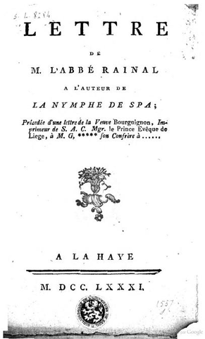 Parution de la Lettre à l'auteur de la Nymphe de Spa