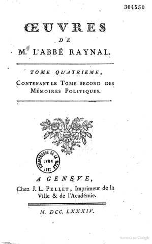 Parution des Oeuvres de M. L'Abbé Raynal