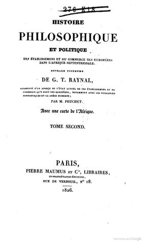 Parution de l'Histoire philosophique et politique des établissemens et du commerce des européens dans l'Afrique septentrionale