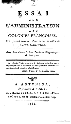 Parution de Essai sur l'administration de Saint Domingue