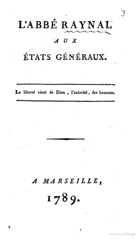 Parution de L' abbé Raynal aux États Généraux