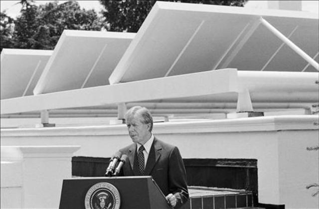 Solar heaters are installed on the White House roof in support of Carter’s Federal Solar Research Institute.