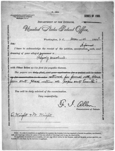 Wilbur and Orville Wright submit their first application for a patent for their airplane