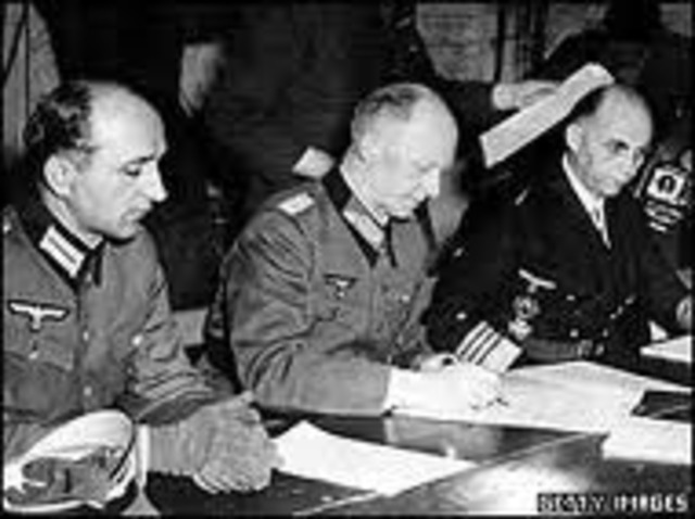 Germany surrenders and war in Europe is ended.