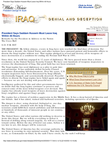 Saddam Hussein given 48 hours to leave Iraq or face war