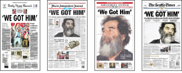 Saddam Hussein captured in Tikrit.