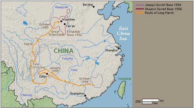 Jiang Jieshi defeats Mao's communists and the communists flee in "the long march"