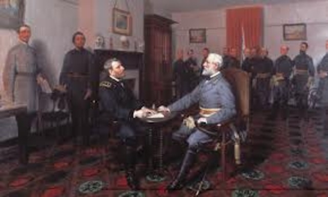 General Robert E. Lee surrenders his confederate army to Ulysses S. Grant
