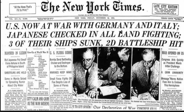 Germany and its Axis partners declare war on the United States of America