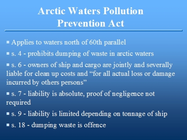 Canadians tried to lower the amount of pollution in the Arctic, by creating the Arctic Waters' Pollution Prevention Act