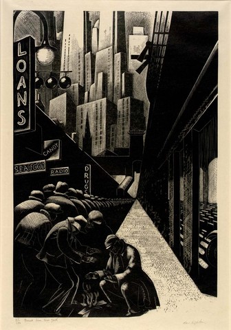 Clare Leighton creates the wood carving entitled Breadline, New York