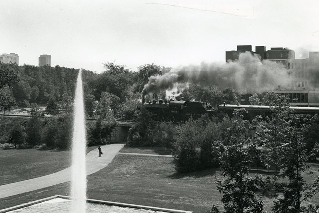 A train runs through the campus