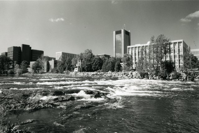 View of Dunton Tower, Herzberg Laboratories, and Loeb building across the rapids